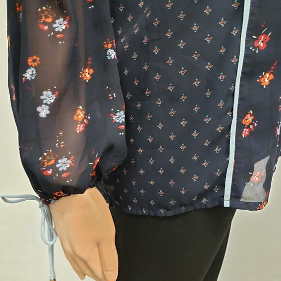 Abercrombie & Fitch Peasant Floral Top Sz S Navy Blue Long Sleeve Lace up Boho - Picture 6 of 13